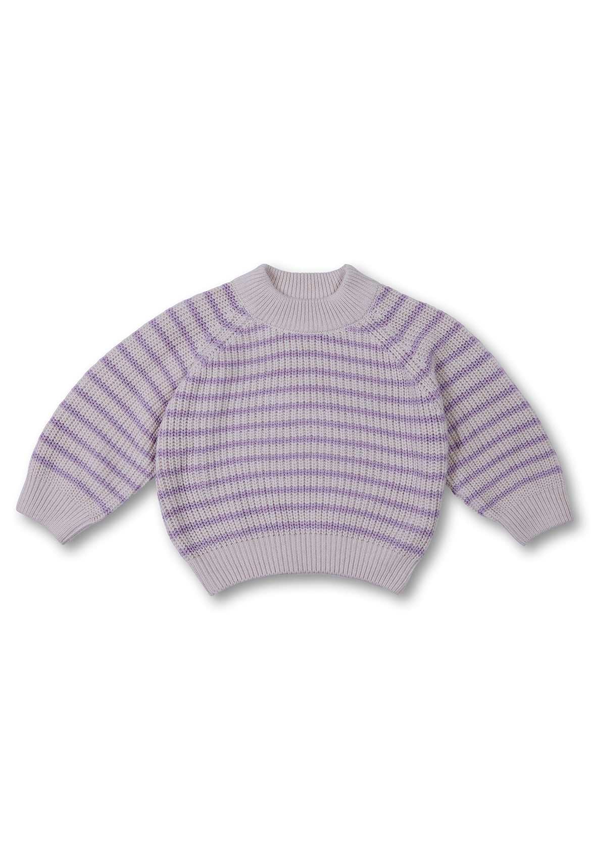 Oatmeal and mauve striped knit jumper with a round neckline.