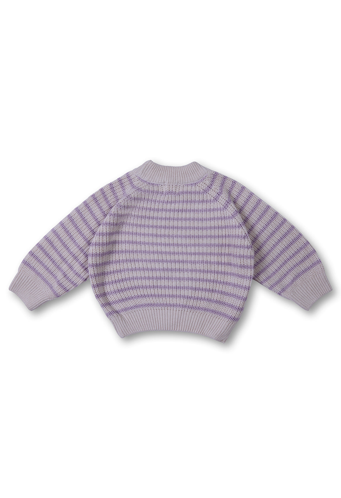 Oatmeal and mauve striped knit jumper with a round neckline.