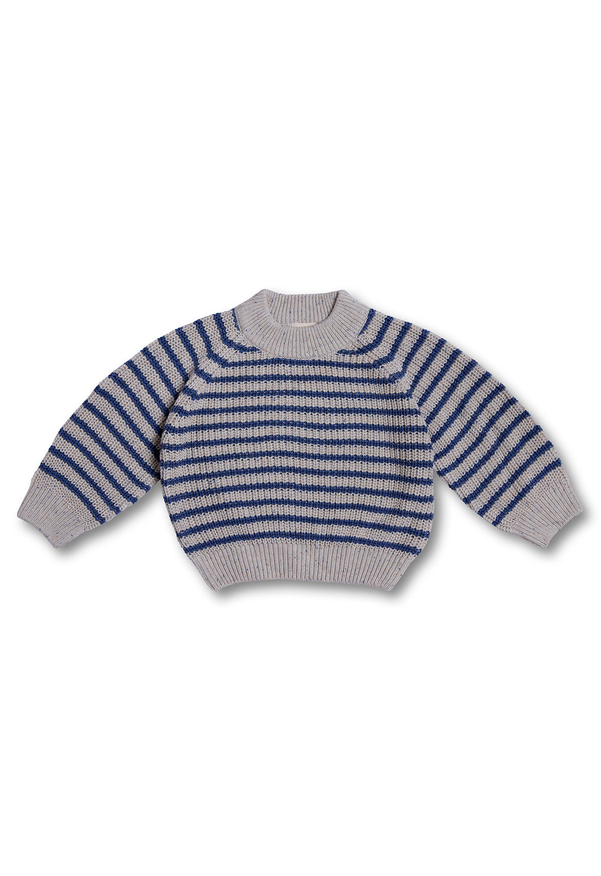 striped jumper with a speckle ivory base and deep ocean blue stripes.
