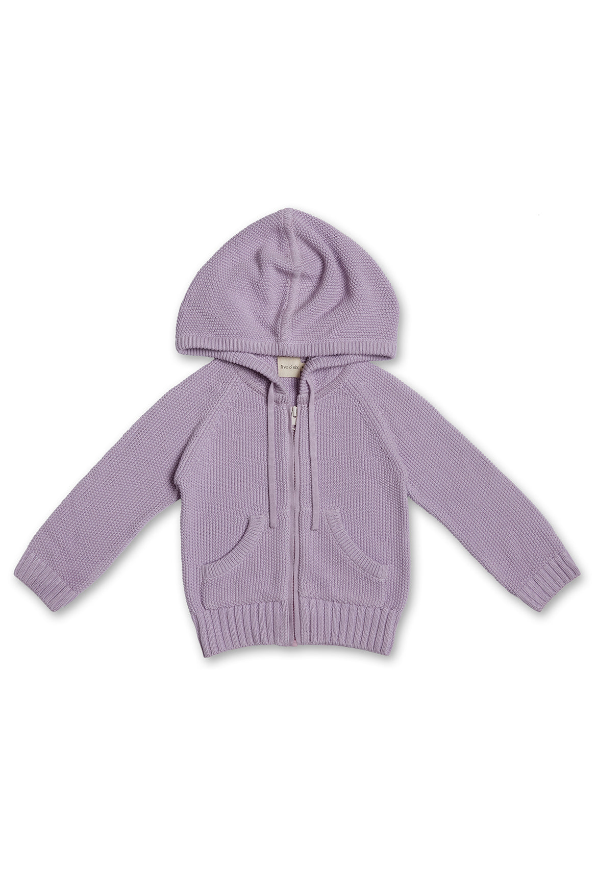Childrens hooded jacket in lilac colour with a zip front, hood with drawstring, and side pockets.