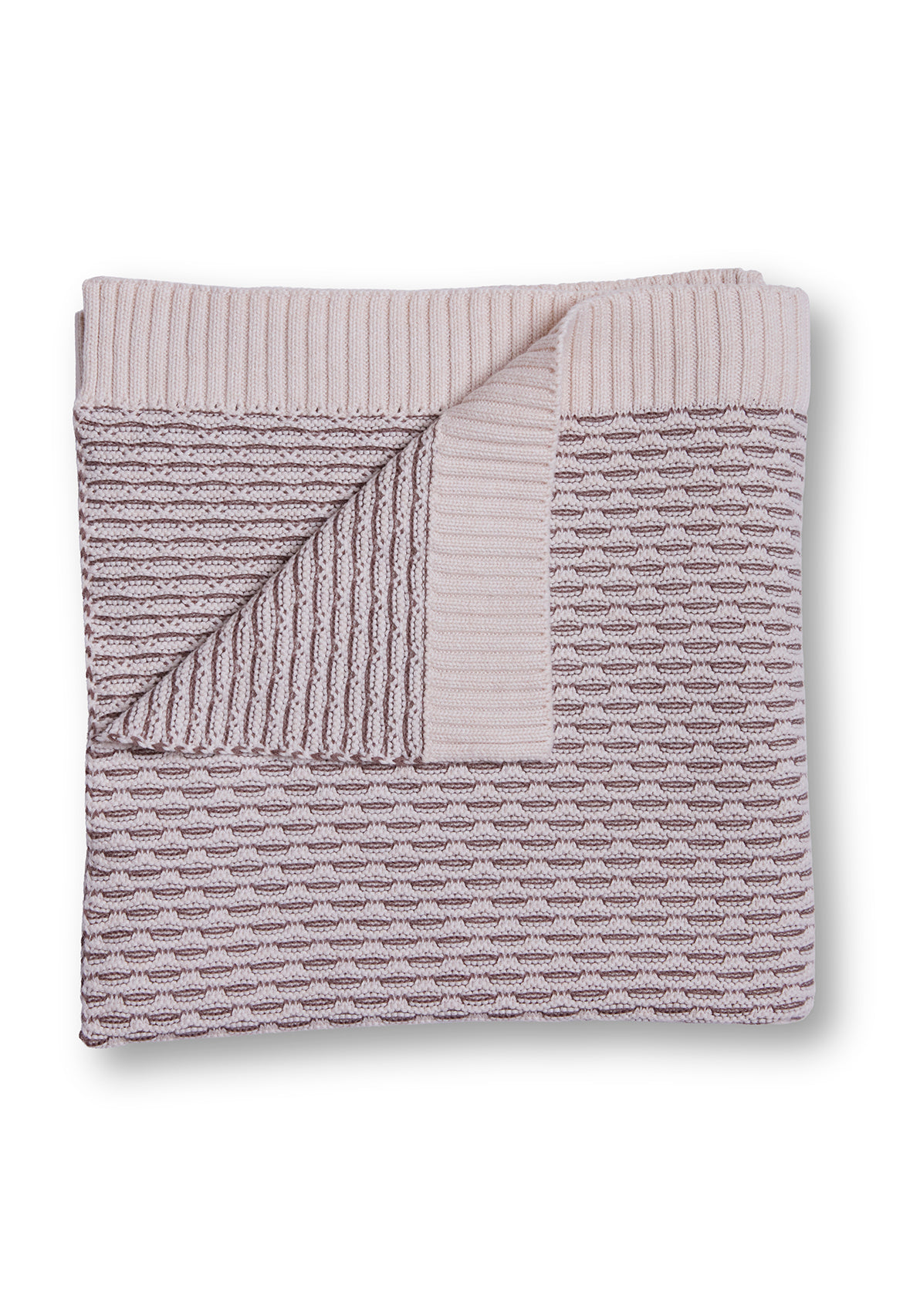 A folded knit blanket in shades of brown and oatmeal, featuring a textured pattern.
