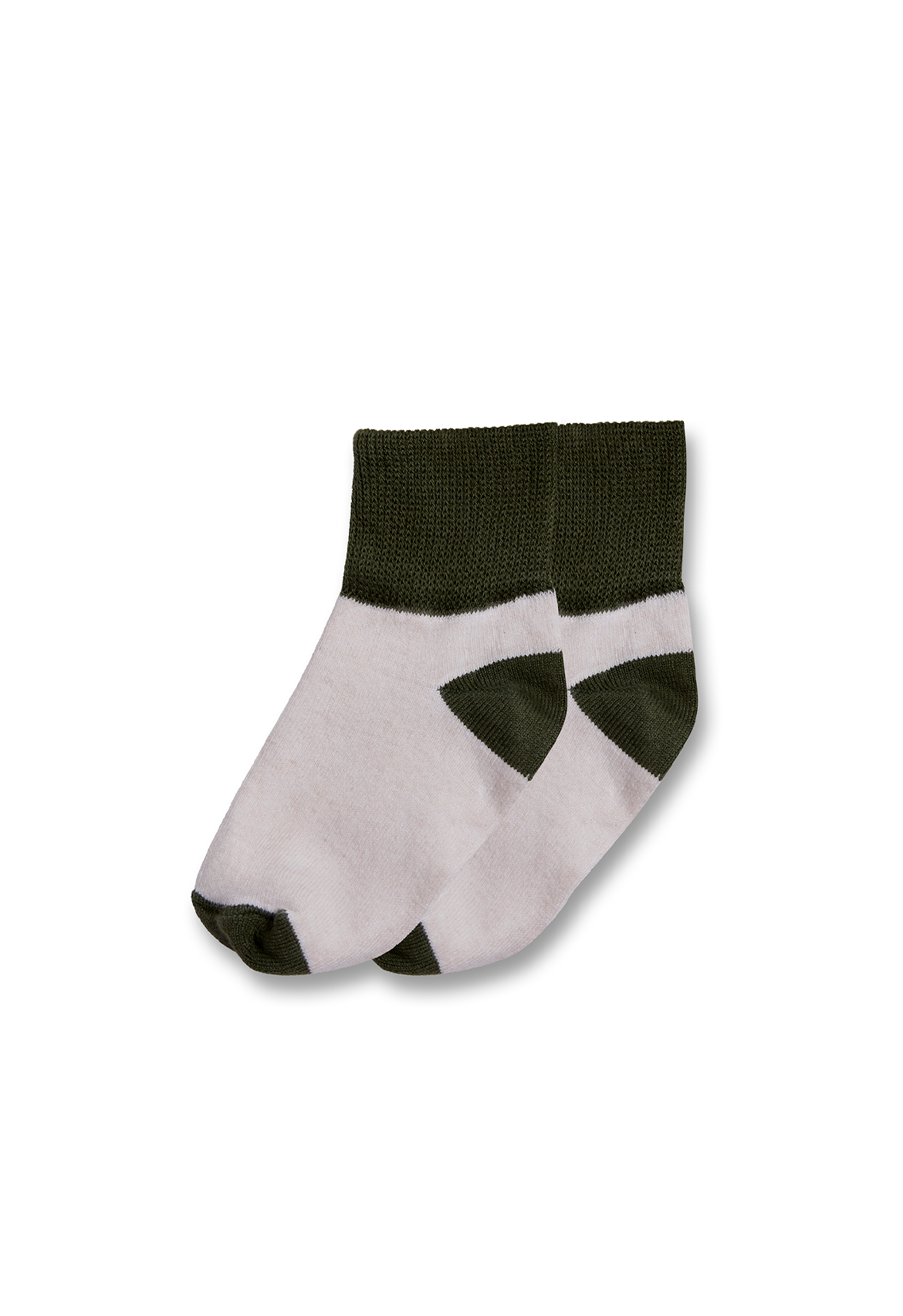 Baby sock with olive and white design on a white background