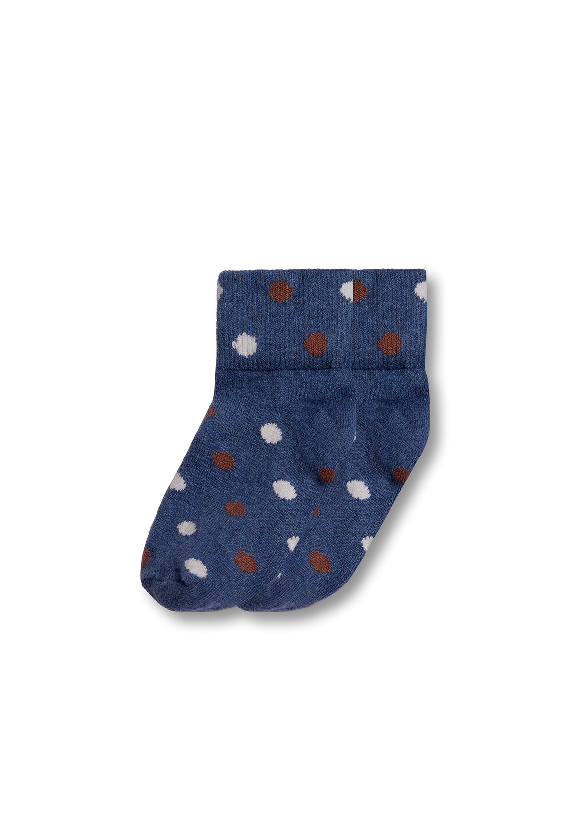 Blue baby and toddler sock with rust and white polka dots on a white background