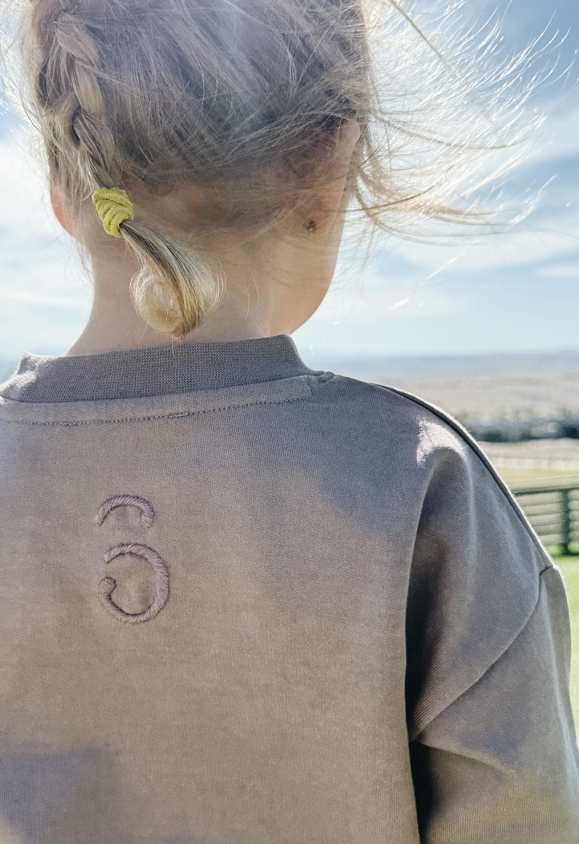 A child standing on grassy field wearing a long-sleeved dusty purple crew neck jumper and pants, looking at two camels in the distance across a fence.