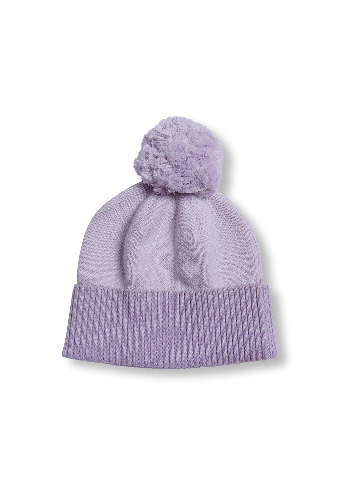 Purple knit hat with a pom-pom on a white background
